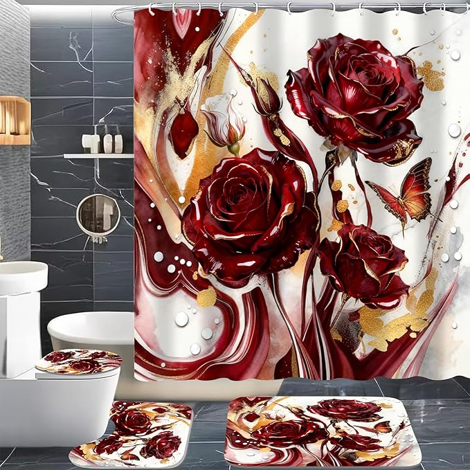 Red Marble Rose Shower Curtain Set,Luxury Modern Abstract Floral Bathroom Decor with Non-Slip Rugs & Toilet Lid Cover, Waterproof Fabric with 12 Hooks,Elegant Glamorous Bathroom Accessories for Home
