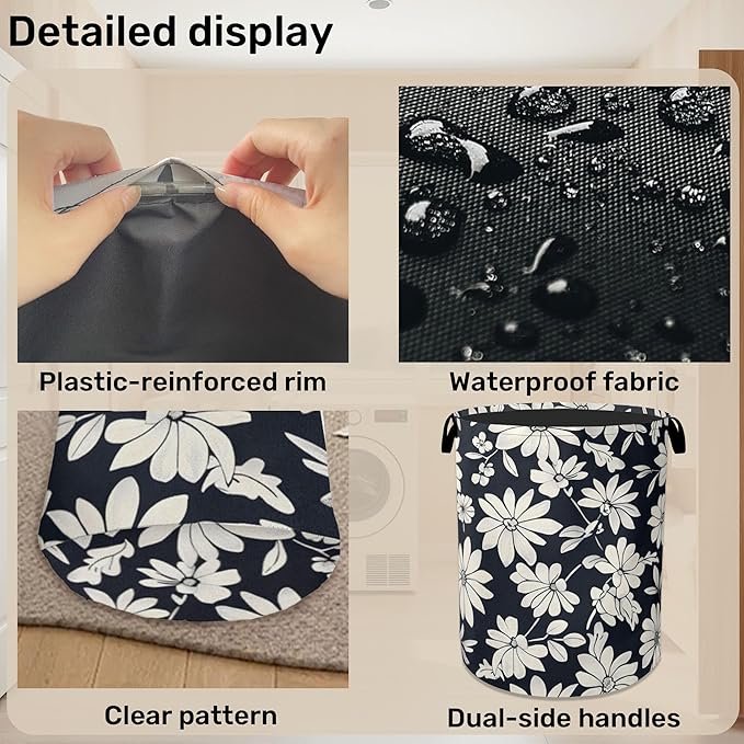 Black White Daisy Laundry Basket - Heavy Duty 60L Dirty Clothes Organizer, Water Resistant Foldable Hamper for Men Women