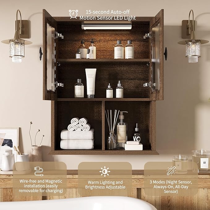 CJL Bathroom Wall Cabinet with Motion Sensor Led Light, Over The Toilet Storage Cabinet, 23.6'' x 29.5'' Medicine Cabinet of Mid-Century Modern Design with Acrylic Door, Brown
