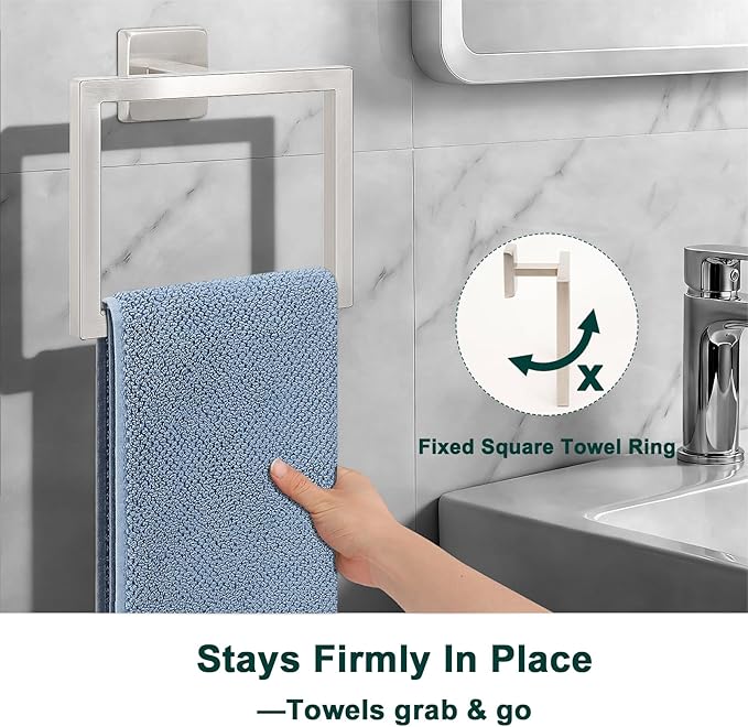Bath Towel Ring, Square SUS304 Stainless Steel Hand Towel Holder for Bathroom Wall Mounted, Modern Towel Hanger for Bath, Kitchen, Brushed Nickel