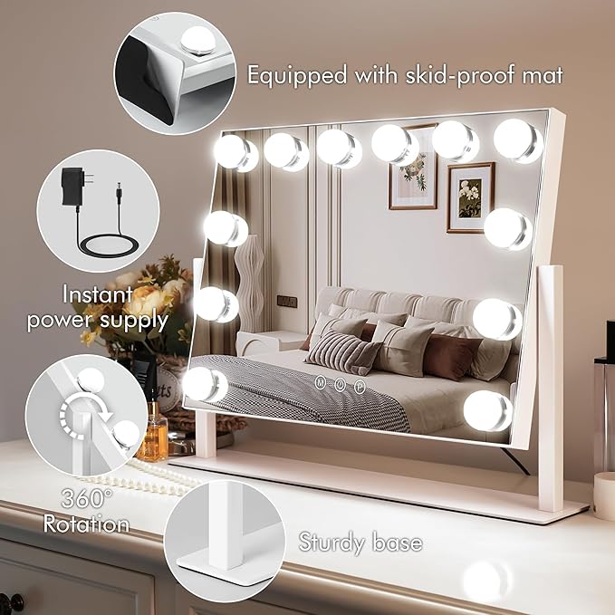Kottova Vanity Mirror with Lights,15.7"x11.8"LED Makeup Mirror, Lighted Makeup Mirror with 10X Spot Mirror,Smart Touch 3 Colors Dimmable,360° Rotation,for Vanity Desk Tabletop,Plug in(White)
