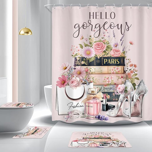 Cinbloo 4Pcs Pink Floral Shower Curtain Set, Fashion Flower Perfume High Heels Wildflower Girly Bathroom Curtain with Rug, Toilet Lid Cover, Bath Mat, Inspirational Quotes Shower Curtain with 12 Hooks