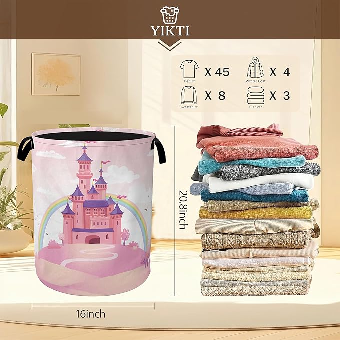 Pink Castle Laundry Basket,Princess Clothes Hamper,Oxford Cloth Collapsible Nursery Hamper Storage Organization for Bedroom,Bathroom,Office,College Dorms,16x20 Inch
