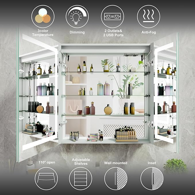 24x30 Bathroom Mirror LED Medicine Cabinet with Lighted 3 Colors, Recessed Surface Wall Mounted LED Medicine Cabinet, Anti-Fog Tempered LED Mirror with Storage, Stepless Dimming, 2 Outlets,