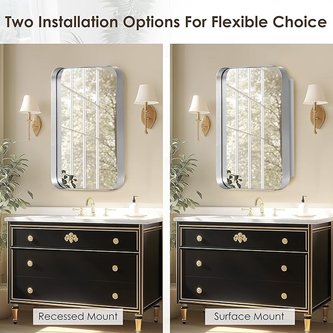 SogesHome 16x24 Bathroom Medicine Cabinet with Mirror, Stainless Steel Frame and 2 Shelves, Wall Mounted Vanity Mirror with Storage for Bathroom, Silk