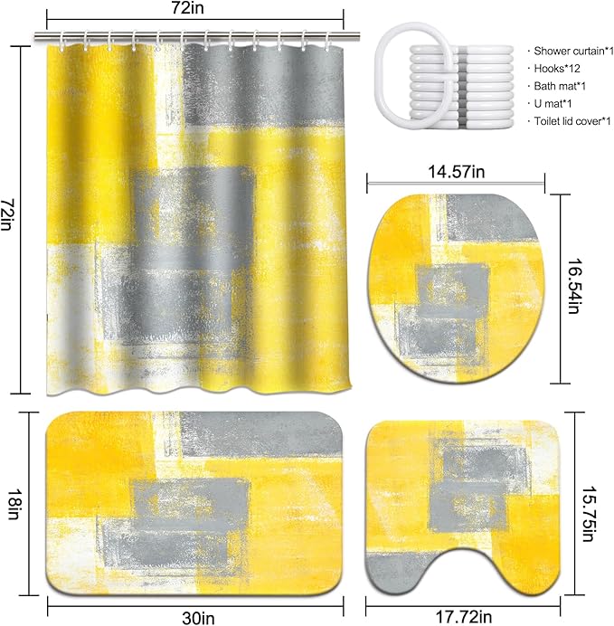 Lnond 4Pcs Bathroom Shower Curtain Sets with Rugs,Yellow and Grey Painting Art Bathroom Sets with Shower Curtain and Rugs and Accessories