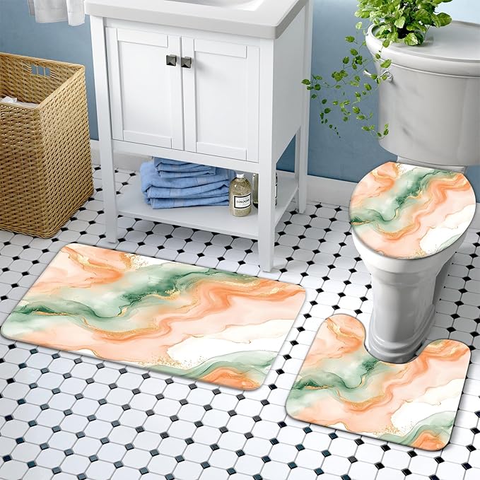 Lnond 4Pcs Marble Bathroom Sets with Shower Curtain and Rugs, Orange Green Marble Modern Art Bathroom Shower Curtain Sets with Rugs and Accessories
