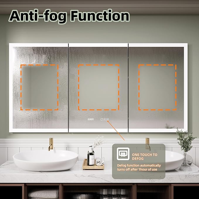 LED Medicine Cabinet Mirror, 60x30 Inch Bathroom Storage, Recessed/Wall Mount, Plug-in/Hardwired, 3 Color Dimmable Light, Anti-Fog, Time Temp Display