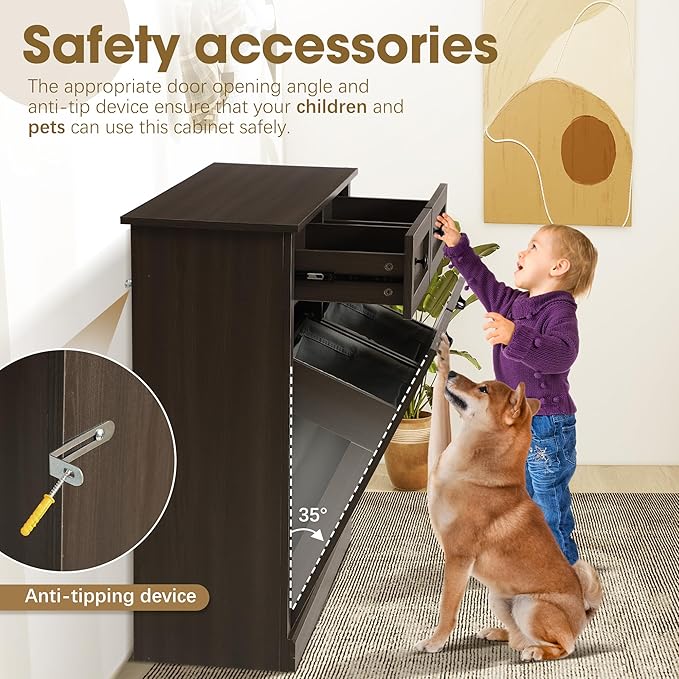 Grepatio Tilt Out Laundry Hamper Cabinet, 22 Gallon Double Laundry Hamper Cabinets, Wooden Trash Can Cabinet with 2 Drawers, Hidden Garbage Can for Bathroom, Kitchen, Living Room (Greyish Black)