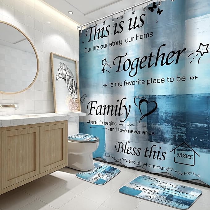 Lnond 4Pcs Bathroom Shower Curtain Sets with Rugs, Blue Motivational Home Family Bathroom Sets with Shower Curtain and Rugs and Accessories