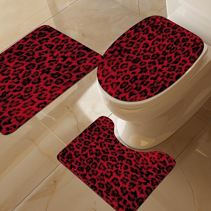 LIGHTINHOME 4 PCS Black Red Leopard Print Shower Curtain Set 72Wx72H,Toilet Lid Cover,Non-Slip Rugs and U-Shaped Mat,Wild Cheetah Bathroom Sets with Rugs with 12 Hooks for Bathroom Decor