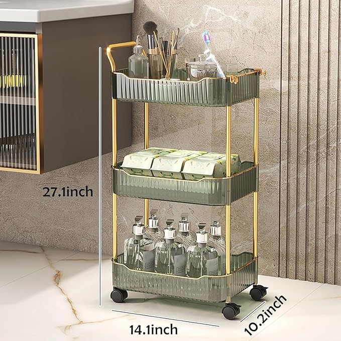 Acrylic Storage Trolley, Laundry Room Organization Mobile Shelves Bathroom Kitchen Rolling Utility Cart with Handle and Lockable Wheel(Green,14.1x10.2x27.1inch)
