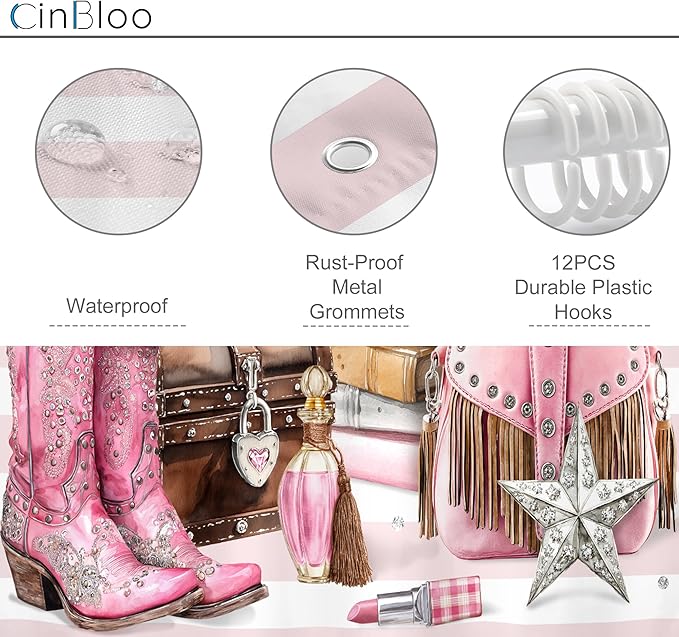 Cinbloo 4Pcs White Pink Shower Curtain Set, Western Cowgirl Fashion Diamond Boots Striped Hats Bathroom Curtain with Rug, Toilet Lid Cover, Bath Mat, Women Girls Books Shower Curtain with 12 Hooks