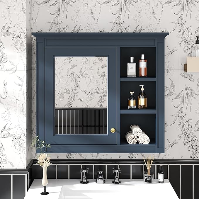 Merax Bathroom Medicine Cabinet with Mirror, Wall Mounted Medicine Cabinet with Single Door and Shelves, Over The Toilet Mirrored Bathroom Storage Wall Cabinet (Blue, 30")