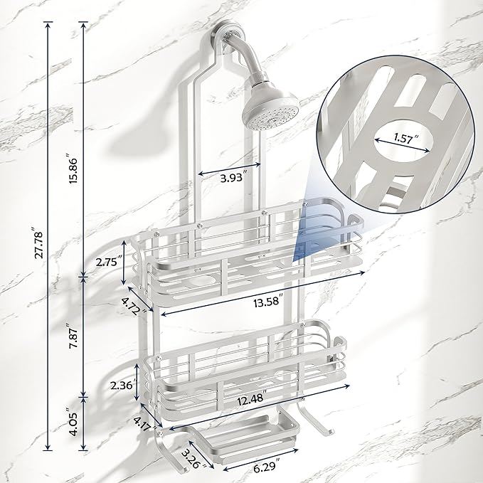 Shower Caddy Hanging, Never Rust Aluminum Shower Organizer, Over Showerhead No Drilling Shower Racks, with Soap Holder Multi Hooks Bathroom Storage for Shampoo Sponge,Silvery