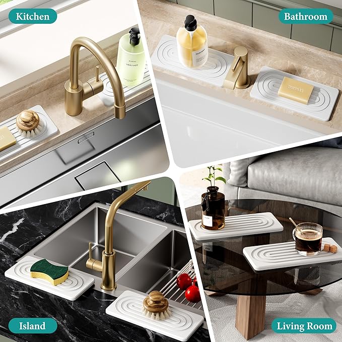 Water Absorbing Stone Tray, Quick Drying Diatomite Bathroom Tray Countertop, Stone Drying Mat for Kitchen Counter, Soap Dish Dispenser Vanity Organizer, White-A-8.3" x 4"