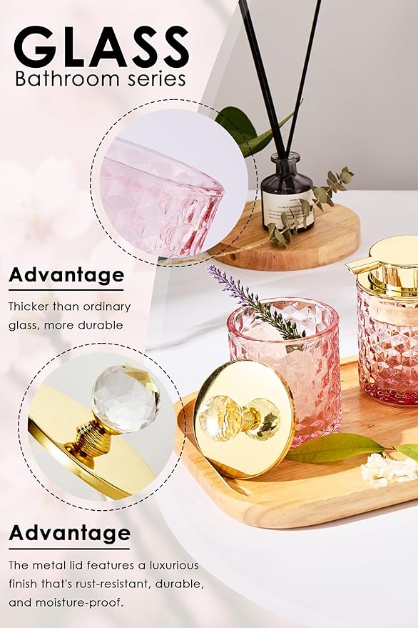 Pink Bathroom Accessories, 4Pcs Pink Bathroom Accessory Set Complete, Toothbrush Holder Set, Soap Dispenser, Qtip Holder, Tumbler, Perfect for Bathroom Decor and Vanity