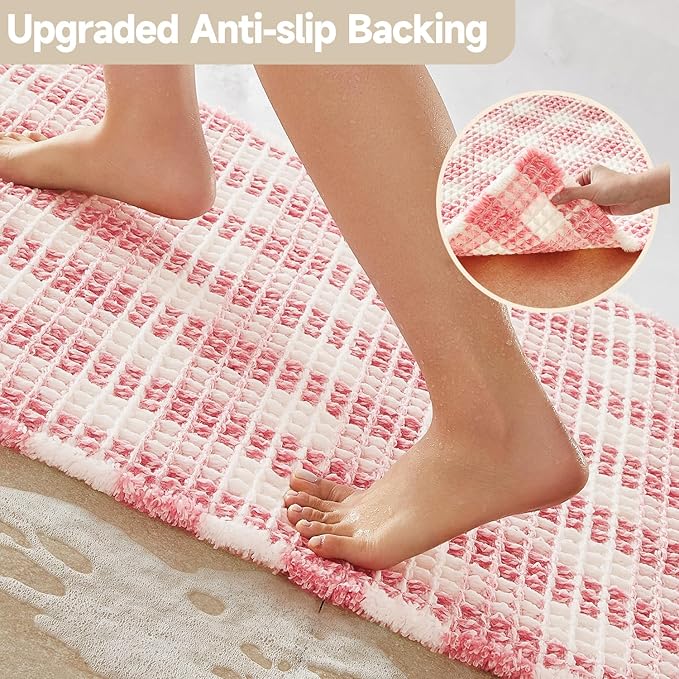 Waffle Bath Mat, Boho Bathroom Rugs Non Slip Washable Absorbent Checkered Bathroom Mat Quick Dry Cute Bath Mat, 24"x16" Pink and White