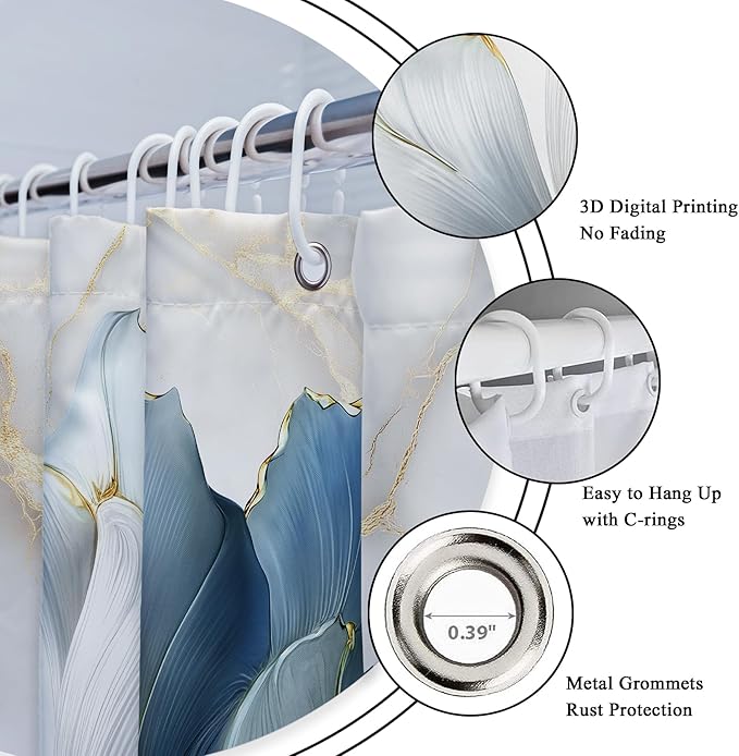 Riyidecor Blue Gold Floral 4Pcs Bathroom Shower Curtain Sets Abstract Minimalist Aesthetic Bathroom Decor Set with Rugs and Accessories Modern Toilet Lid Rug, Contour and Bath Mat with 12 Hooks