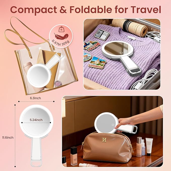 Makeup Mirror with Lights and Magnification, Double-Sided 10X Magnifying Mirror, Portable Lighted Makeup Mirror with 3 Color Lights, Rechargeable Make up Mirror 3 in 1 Tabletop, Handheld, Hanging