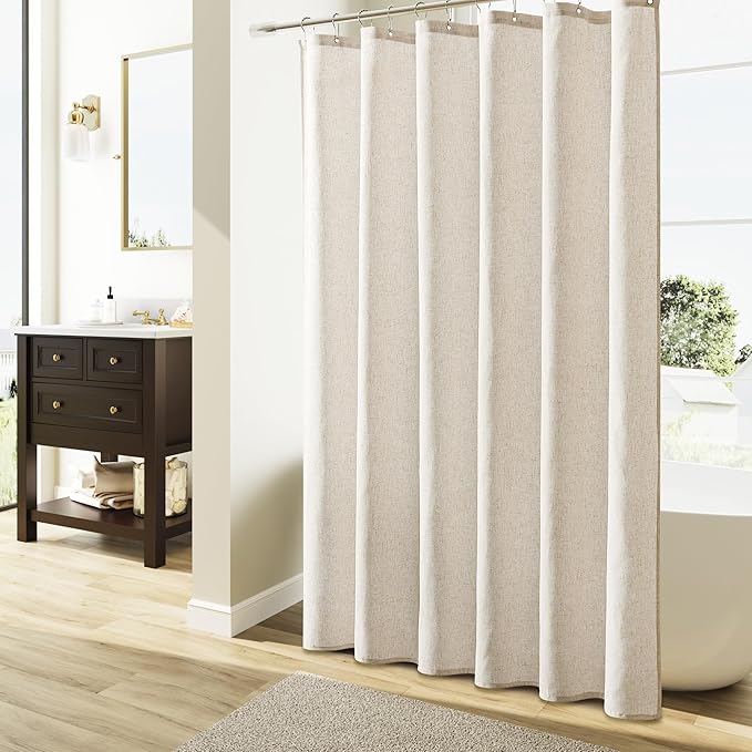 Naturoom Extra Long Linen Shower Curtain 86 Inch Long Weighted Thick Fabric Bath Shower Curtain Set with Hooks, XLong Tall Country Farmhouse Beige Curtains for Bathroom, 72x86