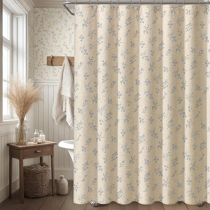 Blue Floral Vintage Linen Shower Curtain, French Country Shower Curtains for Bathroom, 72Wx72H