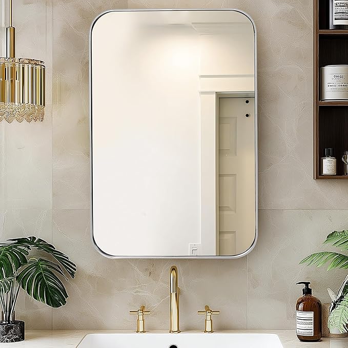 DlandHome Bathroom Medicine Cabinet with Mirror, 24”x16” Recessed Medicine Cabinet for Bathroom with Beveled Edge Mirror, Wall Mounted Deep Set Alumiunm Frame,Silver