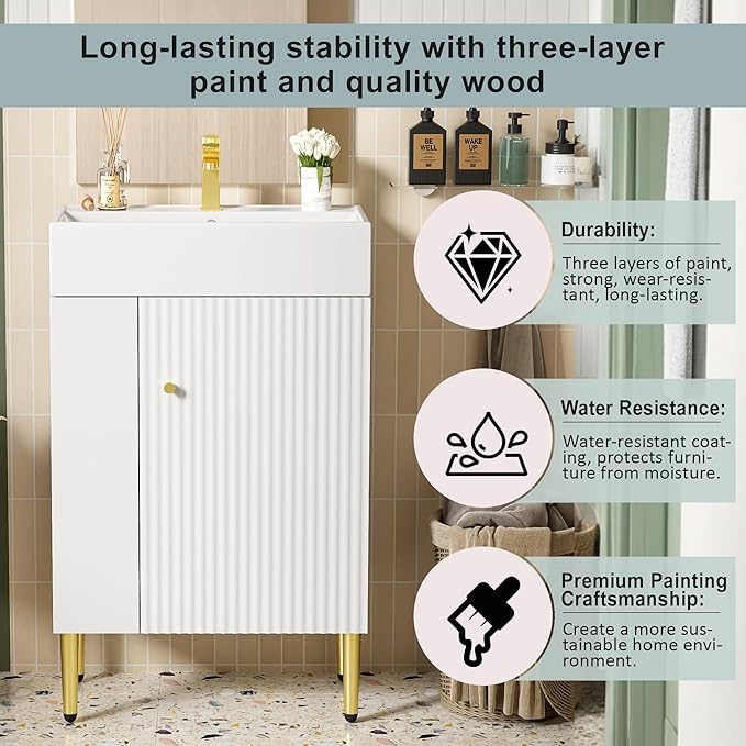 Virubi 21.6 in Small Bathroom Vanity with Sink,Doors and Storage Shelves,Wood Modern Single Fluted Bathroom Sink Cabinet Freestanding (White,Left Shelf)