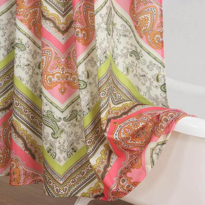 Fabric Shower Curtain, Pink and Green Printed Boho Paisley Pattern Shower Curtains for Bathroom, Waterproof Bathroom Curtains, 72" W x 72" H