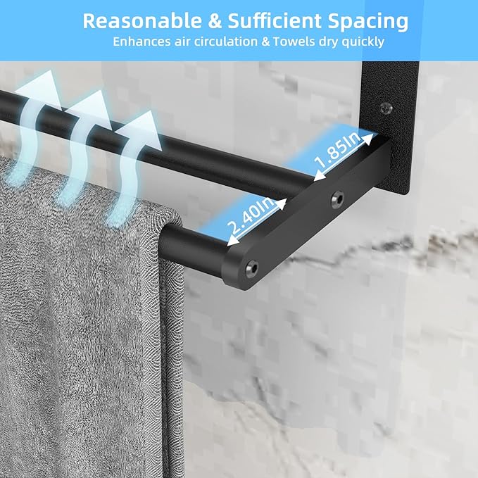 Towel Racks for Bathroom 24 Inch, 3 Tier Towel Shelf with Double Towel Bar, Wall Mounted Towel Rack SUS 304 Stainless Steel, Towel Storage for Bathroom Lavatory, Black