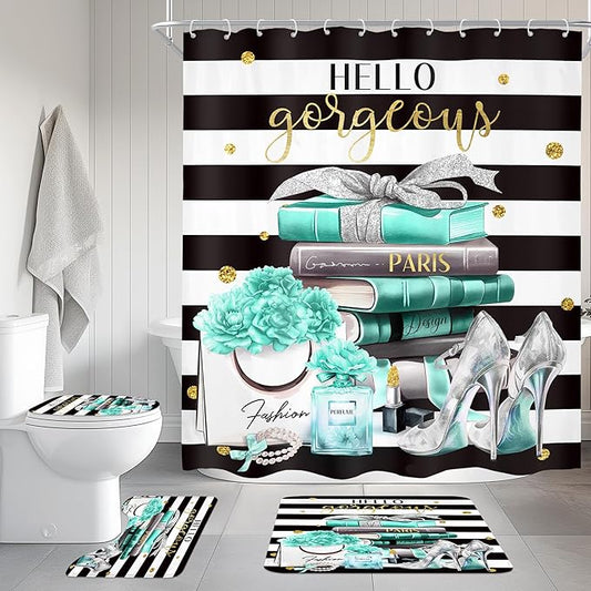 Cinbloo 4Pcs Black and Teal Shower Curtain Set,Modern High Heels Striped Magazine Book Bathroom Curtain with Rug, Toilet Lid Cover, Bath Mat,Floral Flower Perfume Shower Curtain with 12 Hooks
