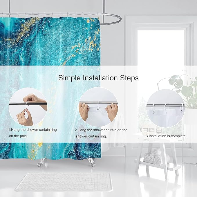 Domoku Blue Gold Marble Shower Curtain,Blue Golden Cracked Lines Abstract Modern Shower Curtain for Bathroom Decor,Waterproof Texture Washable Fabric Shower Curtain,72 X 78