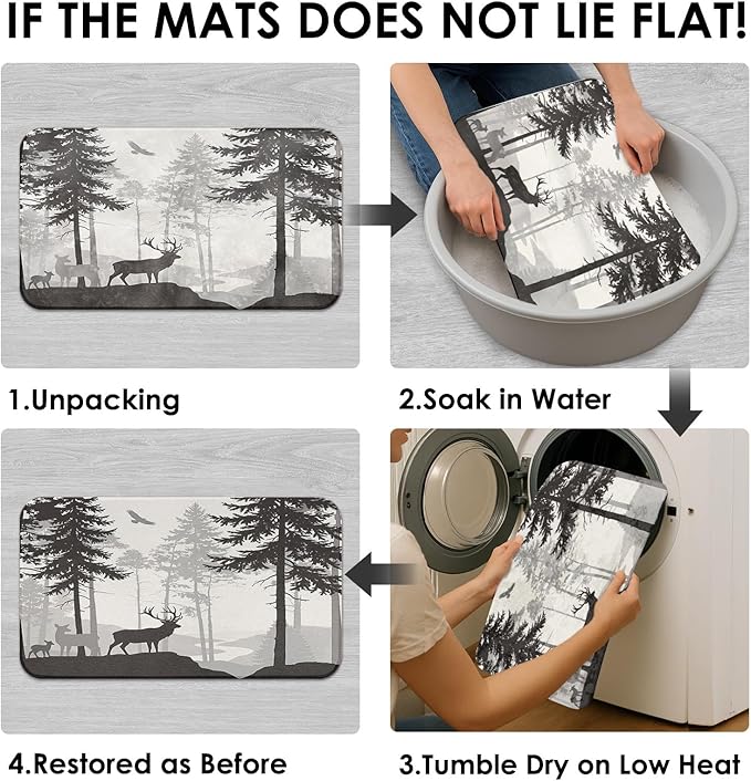 Britimes 4 Piece Shower Curtain Sets, with 12 Hooks, Pine Forest Family Deer with Non-Slip Rugs, Toilet Lid Cover and Bath Mat for Bathroom Decor Set, 72" x 72"