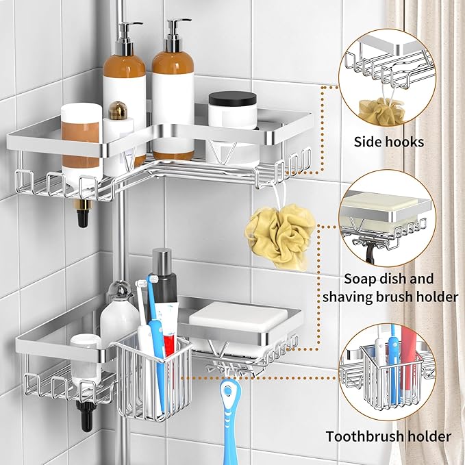 KEGII Shower Caddy Corner Tension Pole - Adjustable Corner Shower Organizer with Tooth Brush Holder, No Drilling Rustproof Bathroom Shelf Storage Rack, Fits 25-114.2 Inch, Silver