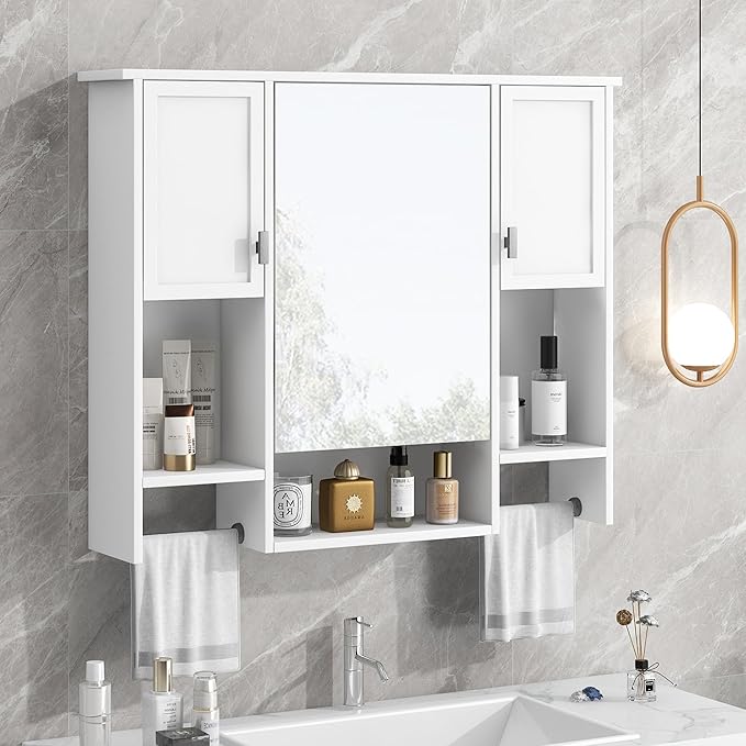 Merax Medicine Cabinet for Bathroom, Wall Mount Bathroom Cabinet with Mirror, Open Shelf, and Towel Bar, 35" W x 28.7" H Over The Toilet Mirrored Bath Wall Cabinet