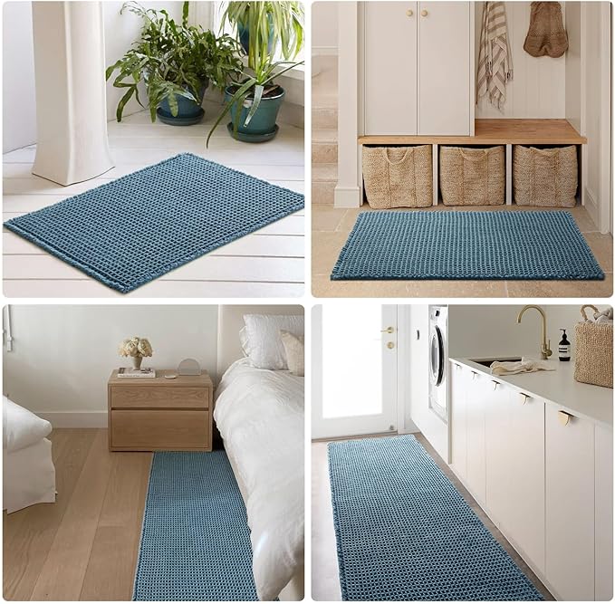 Waffle Runner Rug Bathroom, Long Boho Bathroom Rugs Non Slip Washable Super Absorbent Quick Dry Farmhouse Bath Decor, 60"x24" Denim Blue