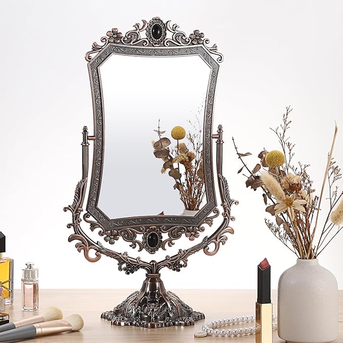 JUXYES Metal Tabletop Antique Decorative Makeup Mirror with Stand, Vintage 360° Swivel Double Sided Cosmetic Mirror with Frame, Retro Desktop Dressing Mirror Magic Mirror for Dresser