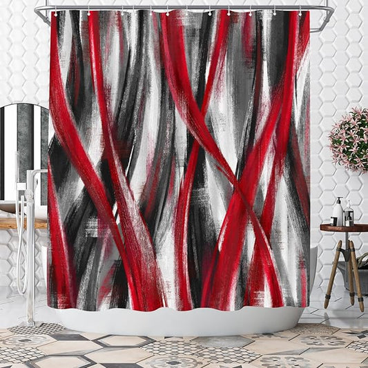 WELMECO Geometric Shower Curtain Modern Abstract Shower Curtain Bathroom Decor Polyester Fabric, 72x72inch (Red and Grey)