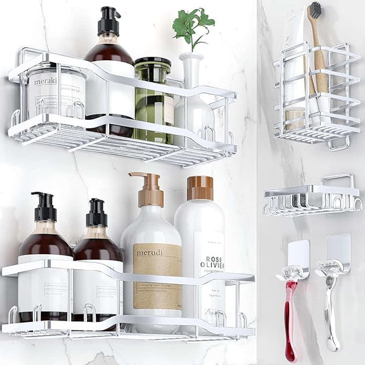 Shower Caddy Bathroom Shelves, The Athena Silken 4 Set, 40LB Capacity, Adhesive Tape -No Drill -Rustproof -Gorgeous Powder Coated 304 Stainless Steel Shower Organizer for kitchen & Home Decor - White