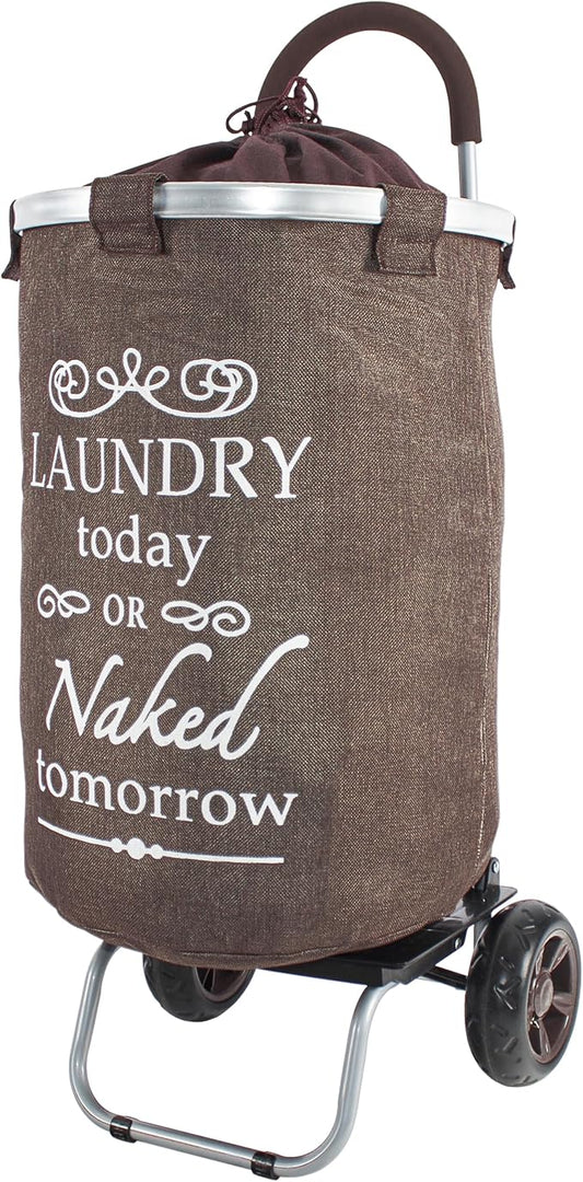 dbest products Laundry Trolley Dolly, Brown Laundry Bag Hamper Basket cart with wheels sorter
