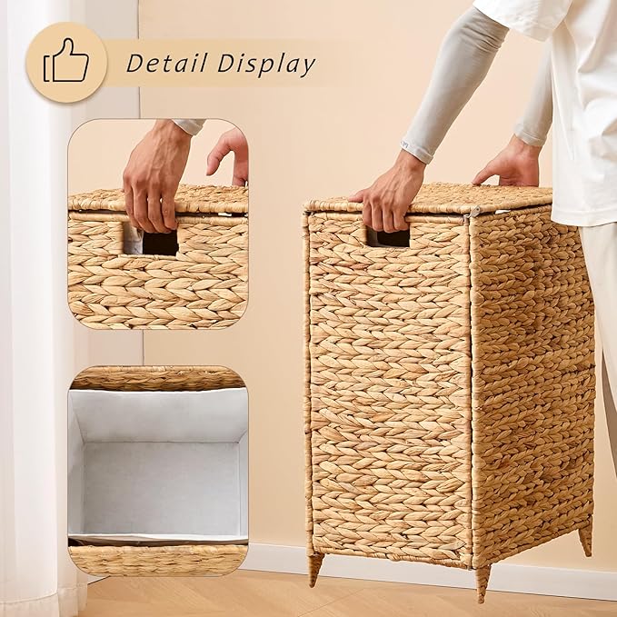 Handwoven Laundry Hamper with Lid, Natural Hyacinth Heightened Feet Laundry Basket, Wicker Clothes Hamper with Removable Liner Bag (Natural, 90L)
