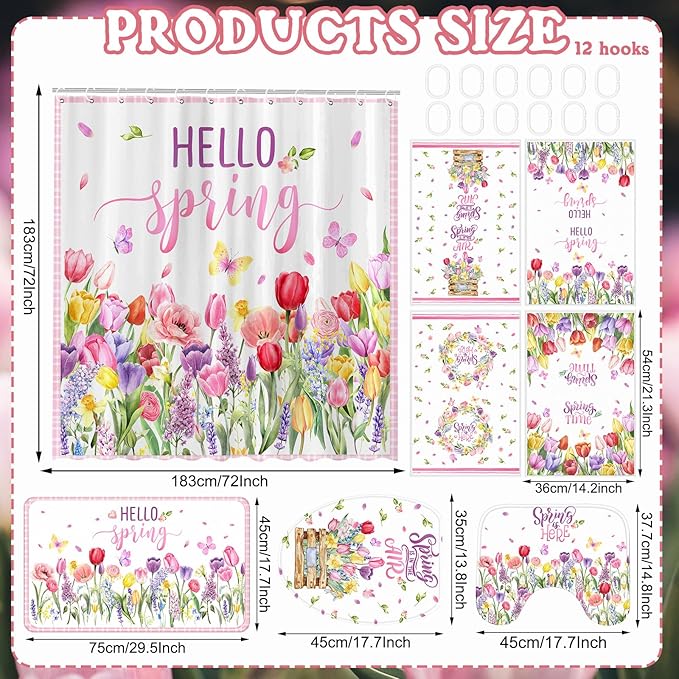 FuWeave 8 Pcs Easter Shower Curtain Sets for Bathroom Hello Spring Easter Shower Curtain Sets with Rugs and Towels, Include Non-Slip Rug, Toilet Lid Cover, Bath Mat and 12 Hooks
