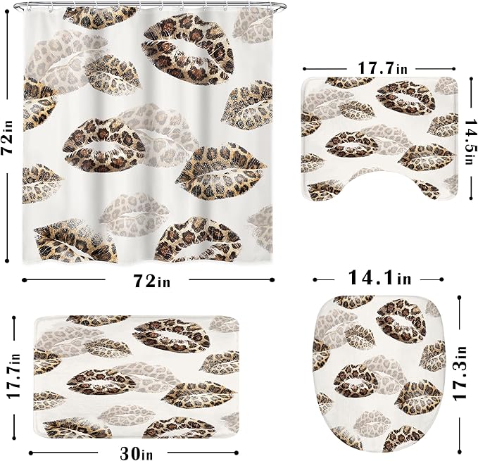 LIGHTINHOME 4 PCS Kiss Lips Shower Curtain Set 72Wx72H,Toilet Lid Cover,Non-Slip Rugs and U-Shaped Mat,Wild Cheetah Leopard print Bathroom Sets with Rugs Shower Accessories 12 Hooks for Bathroom Decor