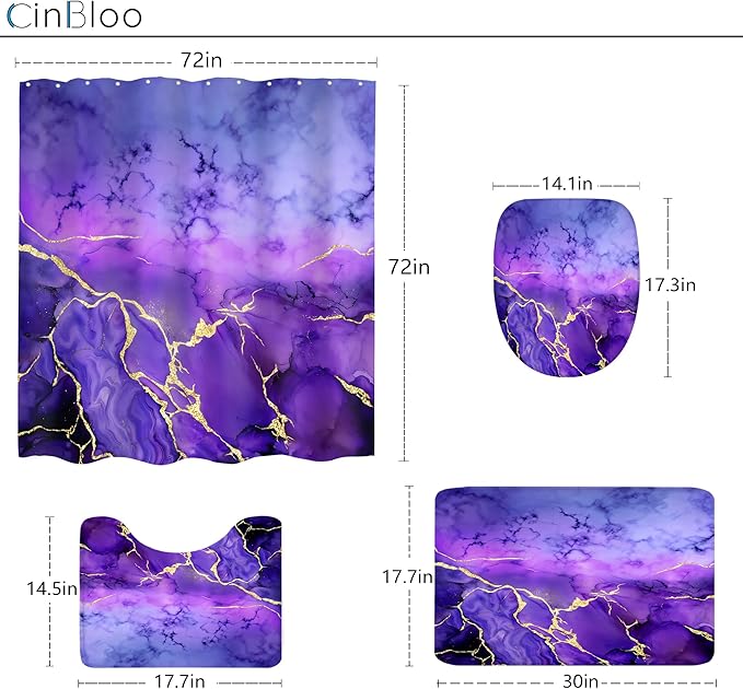 Cinbloo 4Pcs Dark Purple Marble Shower Curtain Set, Abstract Lilac Gold Cracked Lines Modern Simple Bathroom Curtain with Rug, Toilet Lid Cover, Bath Mat, Luxury Aesthetic Shower Curtain with 12 Hooks