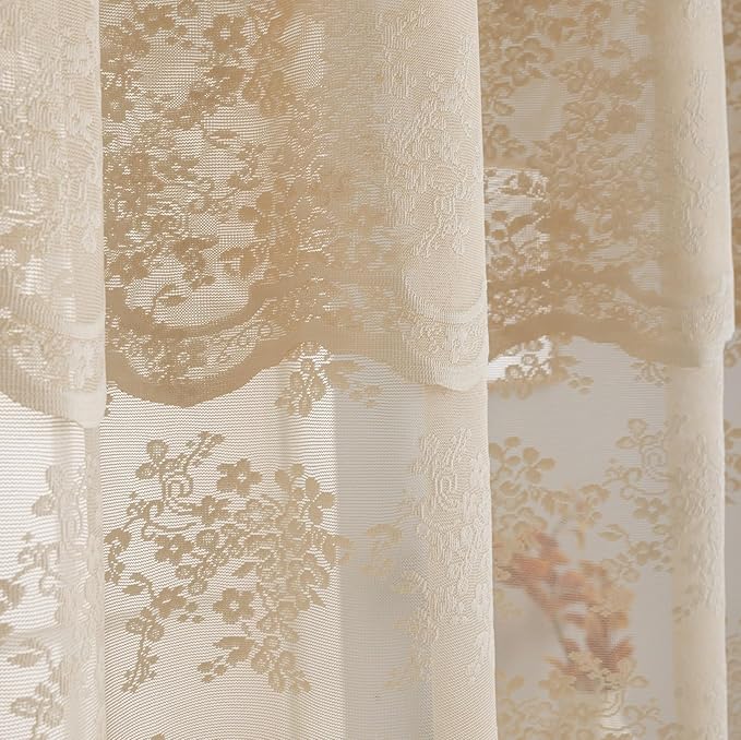 YJ YANJUN Beige Lace Shower Curtain with Attached Valance Vintage Floral Cottage Core Shower Curtain for Bathroom Antique Boho Shabby Chic Scallop Edge Bathroom Curtains 1 Panel, 72 x 72 Inch