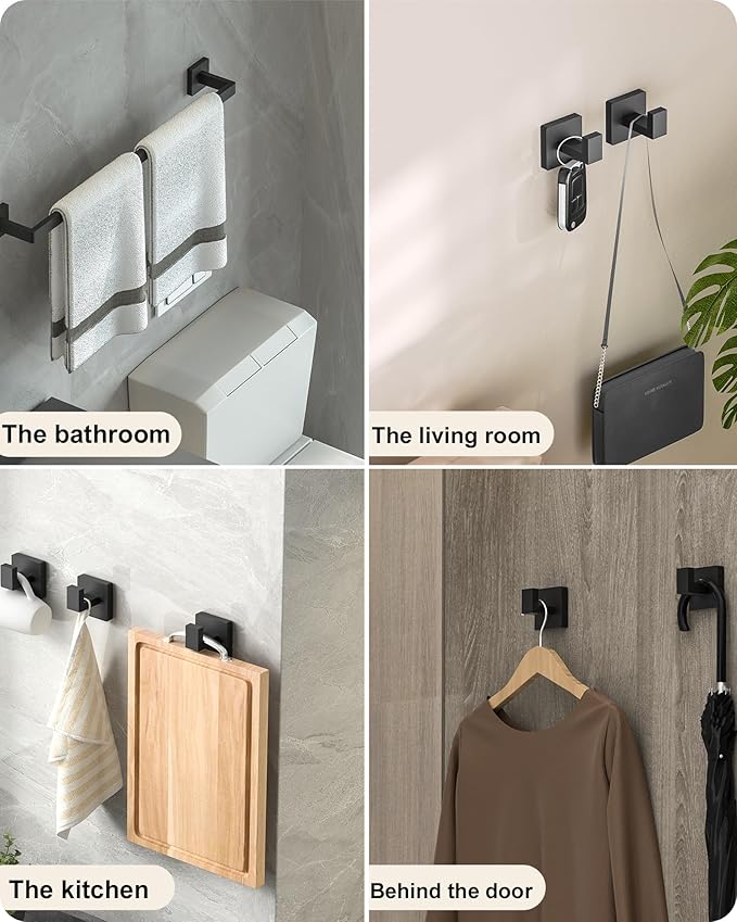 Bathroom Hardware Set Square,5 Pieces Bathroom Hardware Accessories Set Includs16 inch Towel bar, Towel Ring, Toilet Paper Holder, Towel Hooks (Black-5PCS-16Inch)