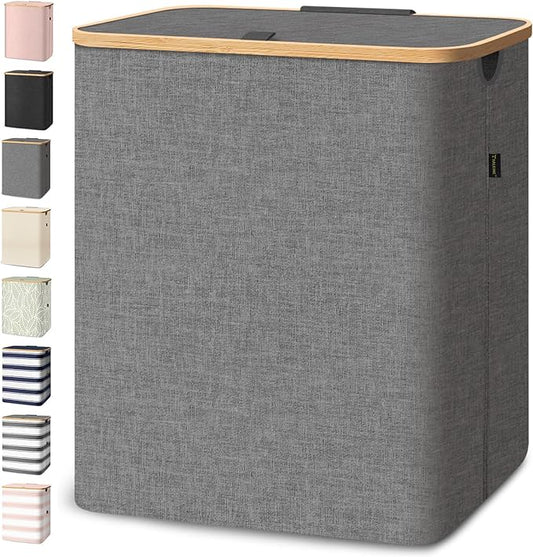 BALEINE Laundry Hamper with Lid, Tall Laundry Baskets with Bamboo Pull Handles, Large Laundry Bin with Internal Support (36 Gal/140L, Grey)