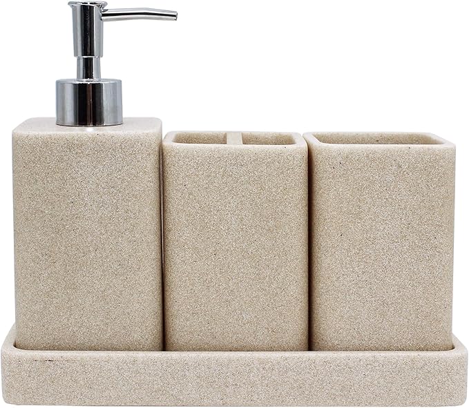 YMXYJM Bathroom Accessories Set, 4 Pcs Bathroom Accessory Set, Soap Dispenser, Toothbrush Holder, Qtip Holder Set, Bathroom Sets Complete, Bathroom Sink Set for Modern Home, Beige