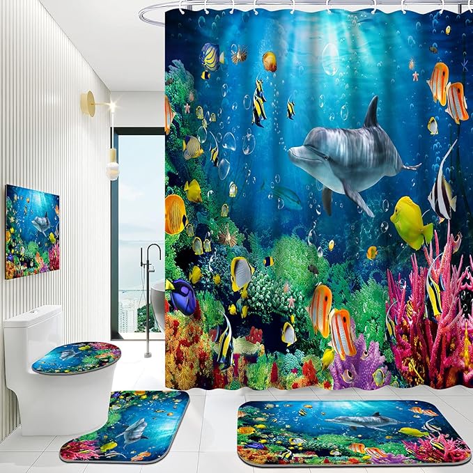 4Pcs Deep Blue Fish Shower Curtain Sets with Rugs, Dolphin Coral Ocean Theme Bathroom Decor Sets Complete, Home and Hotel Bathroom Accessories, juego de baño, 12 PCS Hooks, 71 x 71 in