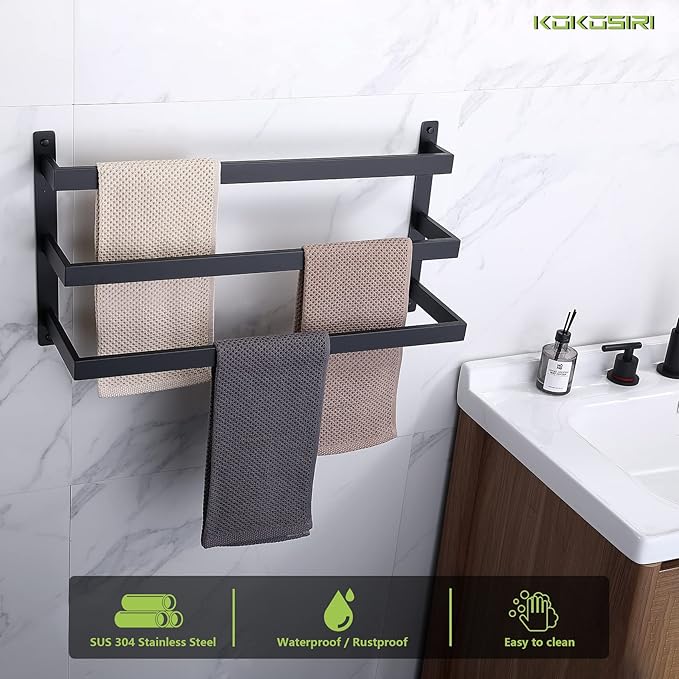 KOKOSIRI Towel Bars Black Bath Towel Holders Bathroom 3-Tiers Ladder Towel Rails Wall Mounted Towels Shelves Rack Stainless Steel, B5006BK-L24